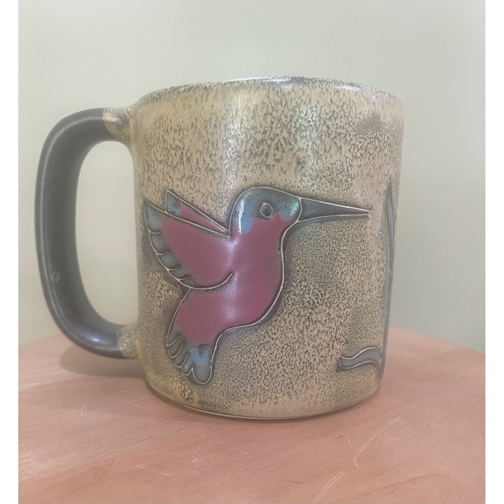 Mara Pottery Mexico Hummingbird Flower Mug Signed Stoneware 16 oz Vintage